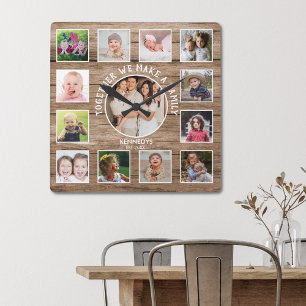 Erstellen Sie Ihre eigenen 13 Foto Collage Rustic  Quadratische Wanduhr