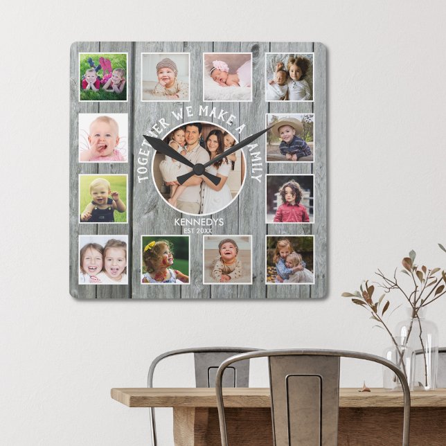 Erstellen Sie Ihre eigenen 13 Fotomaterial Rustika Quadratische Wanduhr (Picture frame family quote 13 photo collage gray wood wall clock)