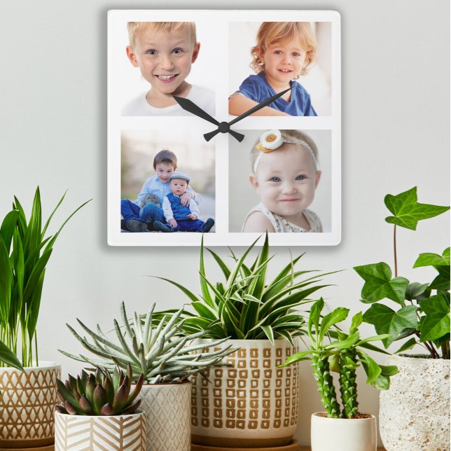 Erstellen Sie Ihre eigenen 4 Familienfotocollage-K Quadratische Wanduhr (Custom 4-photo wall clock)