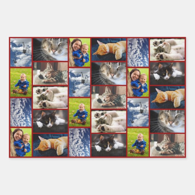 Erstellen Sie Ihre eigenen 9 Foto Collage Dunkelro Geschenkpapier Set (Vorderseite)