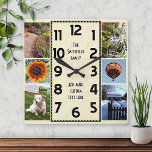 Erstellen Sie Ihre eigenen Deko 6-Fotocollage mit  Quadratische Wanduhr<br><div class="desc">Machen Sie mit dieser einfachen Vorlage Ihre eigene personalisierte Foto Collage Uhr. Die quadratische Uhr hat schwarze Zahlen, die in der Mitte in einem länglichen Rechteck im Deko-Stil angeordnet sind, und einen hellbeigen, leicht marmorierten Hintergrund. Entlang der Ecken gibt es Platz für Sie, um sechs Ihrer eigenen Lieblingsfotos hinzuzufügen: 4...</div>