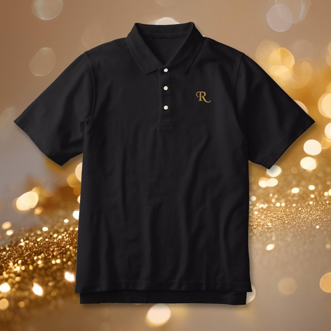 Erstellen Sie Ihre eigenen Mit Monogramm Menns aus (Create Your Own Custom Gold Monogrammed Mens Black Embroidered Polo Shirt)