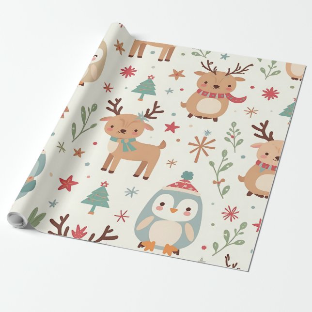 Erstellen Sie Ihre eigenen Winter Kawaii Tiere Geschenkpapier (Ungerollt)