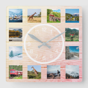 Erstellen Sie Ihre individuelle FotoCollage Rustic Quadratische Wanduhr