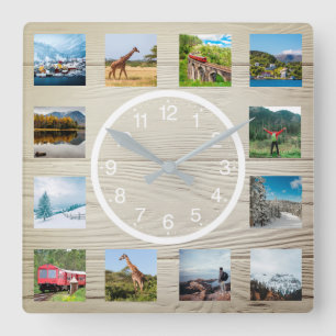 Erstellen Sie Ihre individuelle FotoCollage Rustik Quadratische Wanduhr