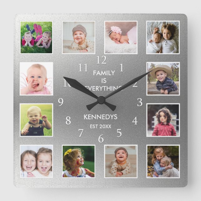 Erstellen Sie Ihren eigenen 12 Collage Frame Silve Quadratische Wanduhr (Vorderseite)