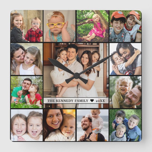 Erstellen Sie Ihren eigenen 13-Collage-Familiennam Quadratische Wanduhr (Vorderseite)