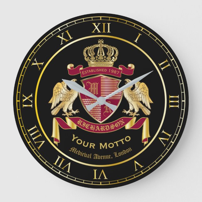Erstellen Sie Ihren eigenen Coat des Arms Red Gold Große Wanduhr (Vorderseite)