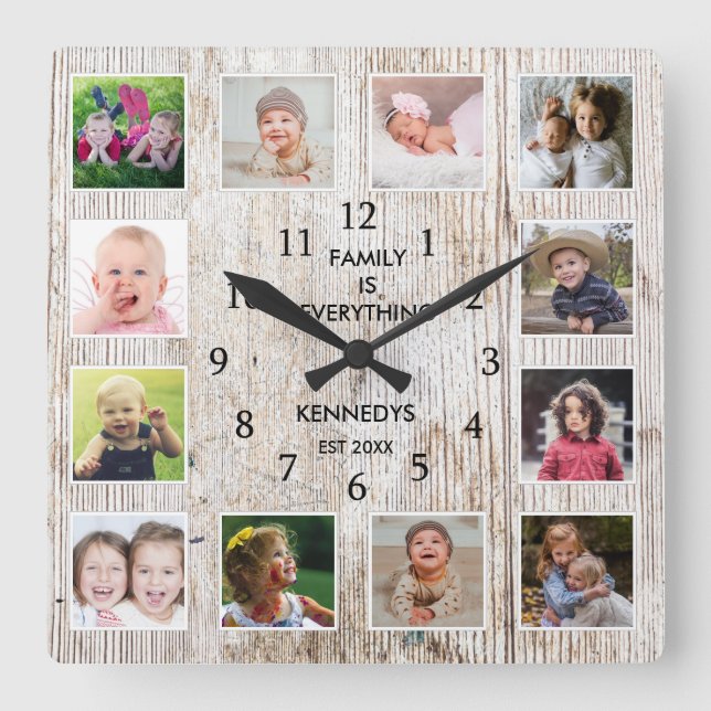 Erstellen Sie Ihren eigenen Familiennamen 12 FotoC Quadratische Wanduhr (Vorderseite)