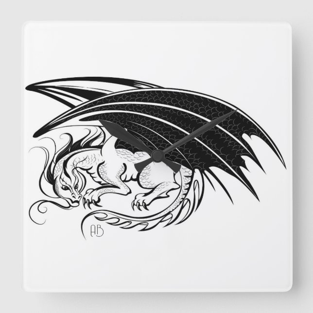 Erstellen Sie Ihren eigenen schwarzen Drachen Quadratische Wanduhr (Vorderseite)
