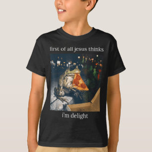 Erstens denkt Jesus, ein entzückender Frosch isst T-Shirt