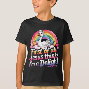 Erstens denkt Jesus, ein Vergnügen lustiges Gänse- T-Shirt