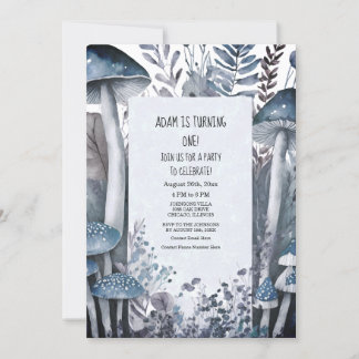 Erster 1. Geburtstag Blaue Pilze Boho Woodlands Einladung