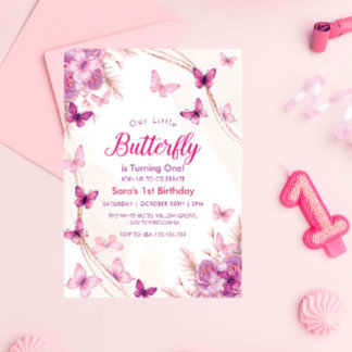 Erster 1. Geburtstag Lila Blumengestrüpp Party Einladung