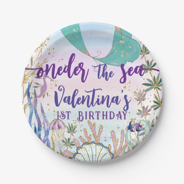 Erster 1. ONE der Sea Birthday Meerjungfrau Glitze Pappteller (Vorderseite)