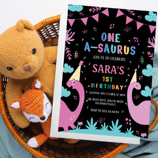 Erster Black Birthday Pink Dinosaurier Einladung