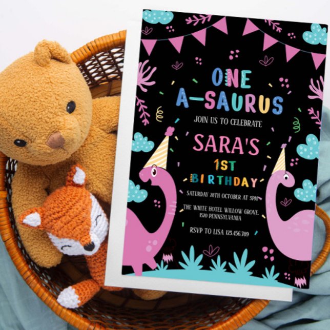 Erster Black Birthday Pink Dinosaurier Einladung (Von Creator hochgeladen)