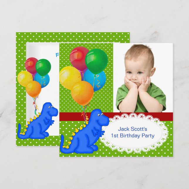 Erster Geburtstag 1. Dinosaur Green Blue Boy Einladung (Vorne/Hinten)