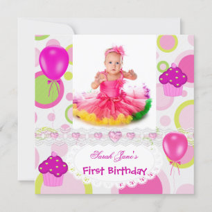 Erster Geburtstag 1. Mädchen Cupcakes Rosa Ballons Einladung