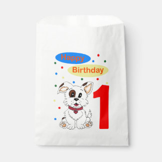 Erster Geburtstag des Kindes Süßer Welpe und Buntk Geschenktütchen