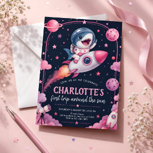 Erster Geburtstag des rosa Weltraumhais Einladung