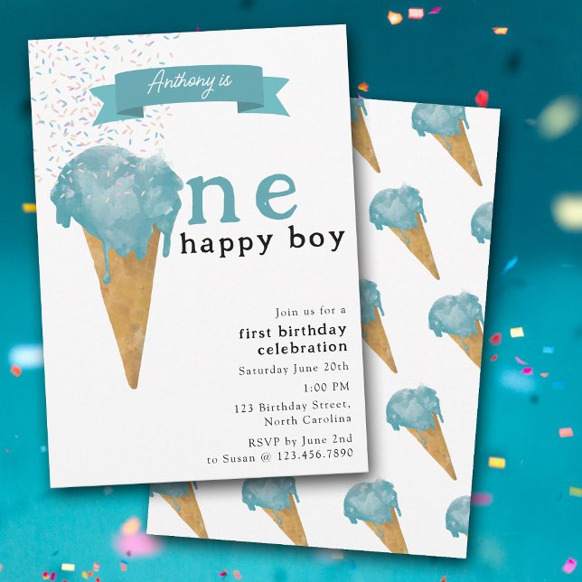 Erster Geburtstag Eins Happy Blue Ice Creme Einladung (1st First Birthday One Happy Boy Blue Ice Cream Invitation)