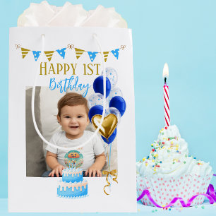 Erster Geburtstag Foto Junge Blau Gold Ballon Süß Mittlere Geschenktüte