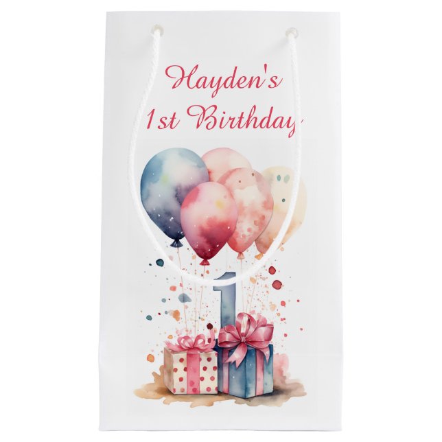 Erster Geburtstag - Geschenke und Ballons - Maßges Kleine Geschenktüte (Vorderseite)