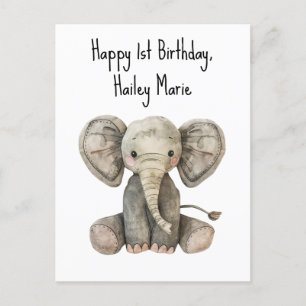 Erster Geburtstag gestopfter Elefant Personalisier Postkarte
