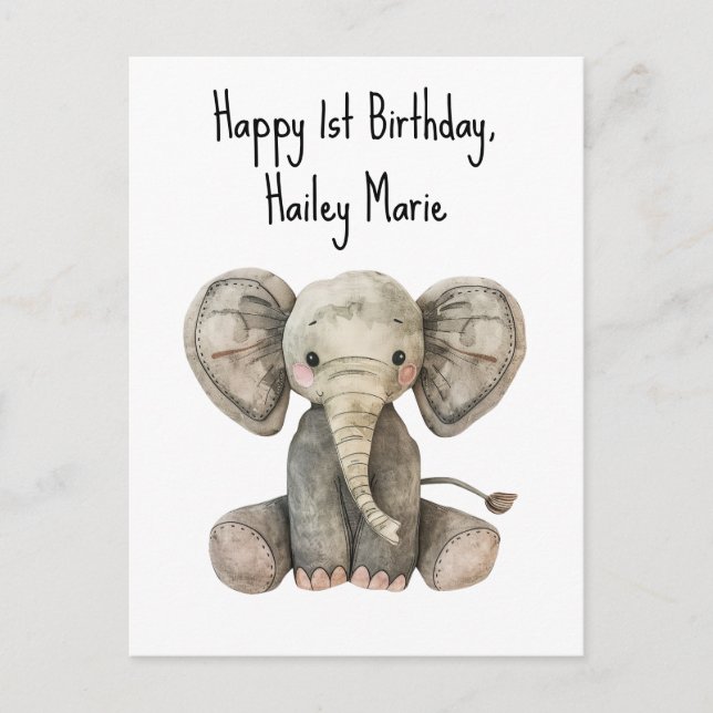 Erster Geburtstag gestopfter Elefant Personalisier Postkarte (Vorderseite)