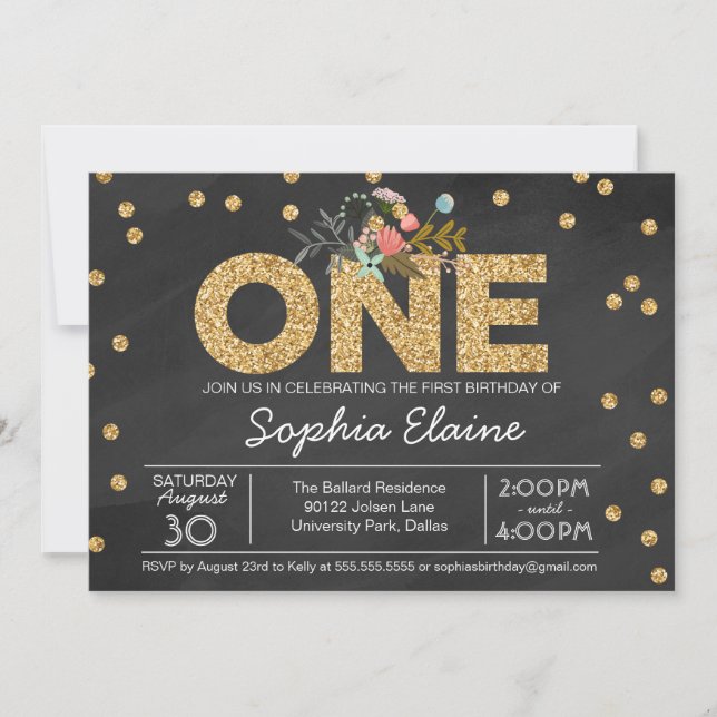Erster Geburtstag, Gold Glitzer Confetti, Chalkboa Einladung (Vorderseite)
