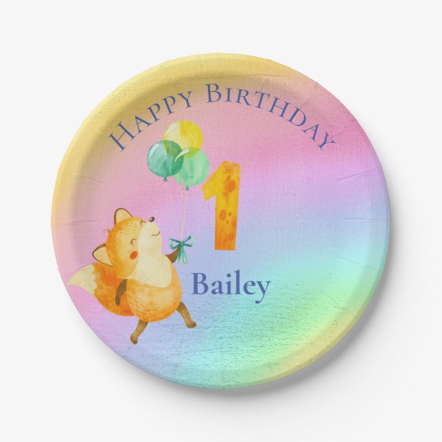 Erster Geburtstag Individuelle Name Rainbow Balloo Pappteller (Vorderseite)