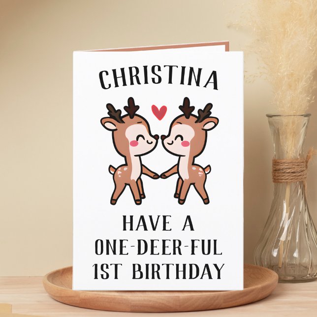 Erster Geburtstag Niedlich Funny Deer Wunderbares  Dankeskarte (cute deer first birthday card)