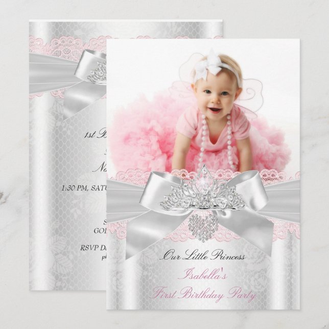 Erster Geburtstag Pink White Lace Diamond Tiara Einladung (Vorne/Hinten)