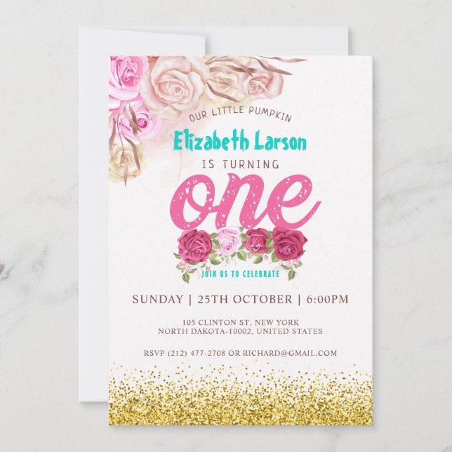Erster Geburtstag Pumpkin Rustikale Rose Wasserfar Einladung (Vorderseite)