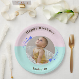 Erster Geburtstag rosa grüner Shooting Star Pappteller