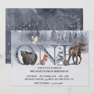 Erster Geburtstag Wald Bär Winter Aquarell Einladung