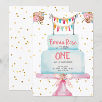 Erster Geburtstags-Aquarell-Kuchen Einladung