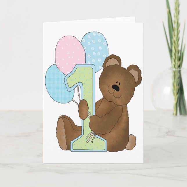 Erster Geburtstagsbär & Balloons Karte (Vorderseite)