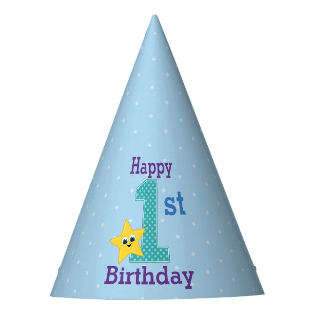 Erster Geburtstagskind, blau, gelber Star Partyhütchen (Vorderseite)