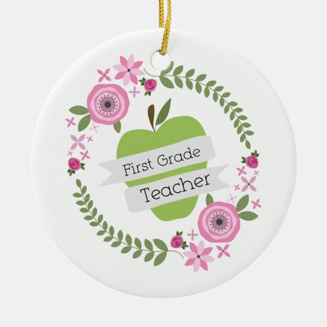 Erster Grad-Lehrer-Grün-AppleblumenKranz Keramik Ornament (Vorne)