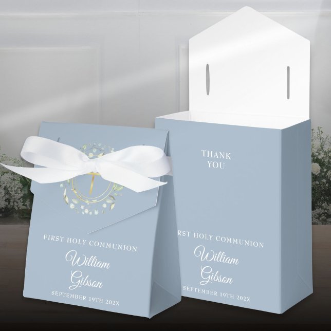 Erster Grüngarten der Heiligen Kommunion Geschenkschachtel (First Holy Communion Greenery Garland Dusty Blue Favor Boxes)