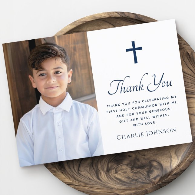 Erster Himmelskugel Foto dunkelblau Dankeskarte (First holy communion cross photo dark blue white thank you card)