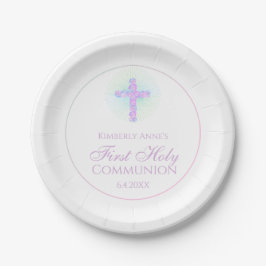 Erster Kommunalkreuz-Lavendel Mit Monogramm Pappteller