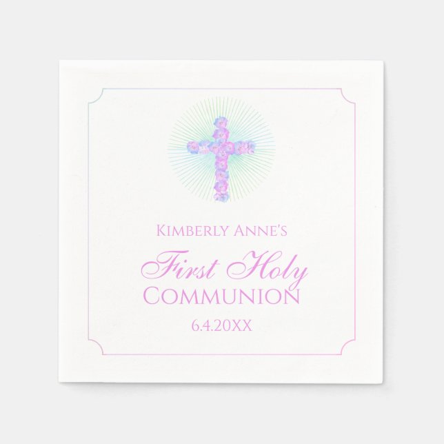 Erster Kommunalkreuz-Lavendel Mit Monogramm Serviette (Vorderseite)