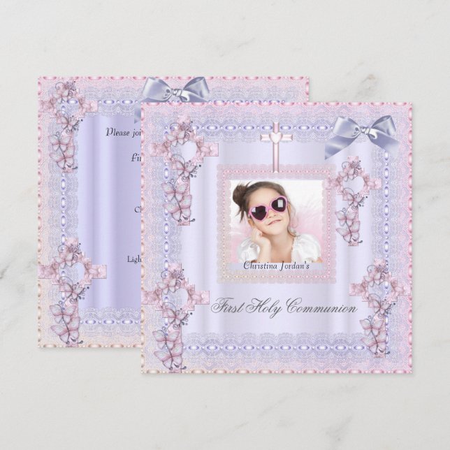 Erster Kommunion Cross Girl Foto Lavender Einladung (Vorne/Hinten)