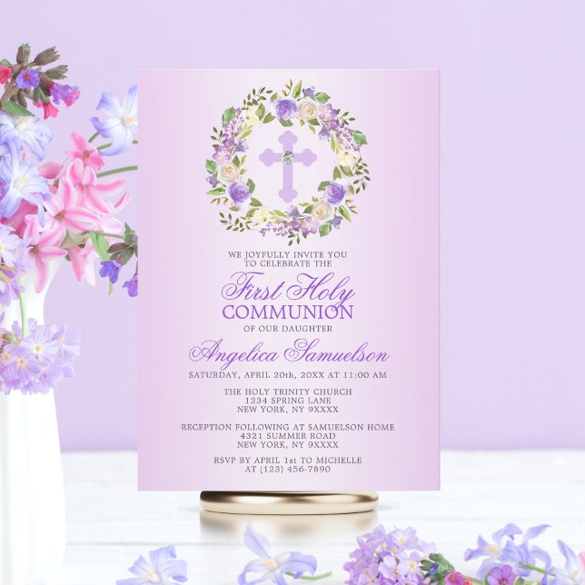 Erster Kommunion Girl Floral Lila Lavendel Einladung (Von Creator hochgeladen)