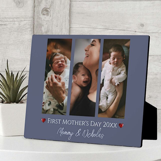 Erster Muttertag drei Foto Collage blau Fotoplatte (Blue First Mother's Day Three Photo Collage Plaque)