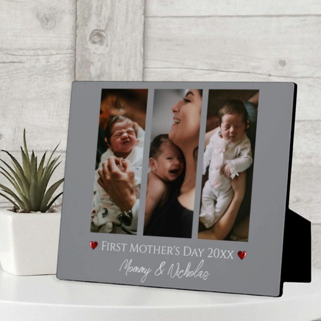 Erster Muttertag Drei FotoCollage | Grau Fotoplatte (Gray First Mother's Day Three Photo Collage Plaque)