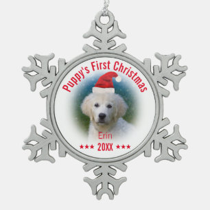 Erster Name des Welpen des Weihnachten  Hunde Schneeflocken Zinn-Ornament